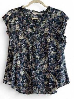 Frye and Co Blue Floral Butterfly Cap Sleeve Blouse Size M